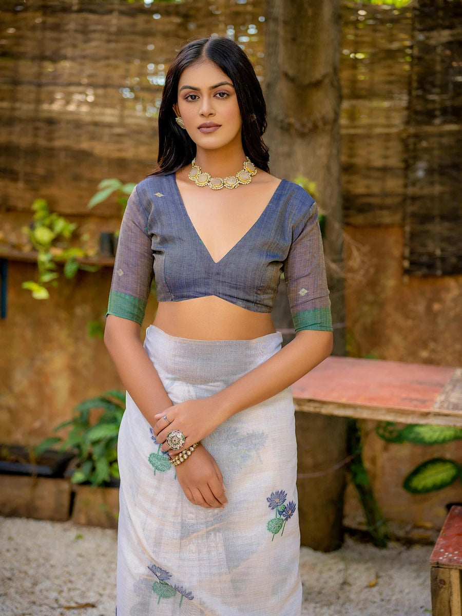 Elegant Cotton Floral Weaving Designer Saree with Matching Cotton Blouse