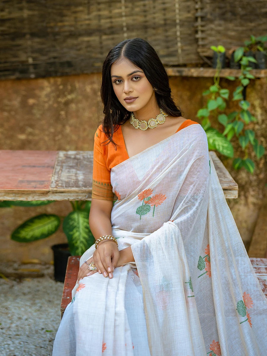 Elegant Cotton Floral Weaving Designer Saree with Matching Cotton Blouse