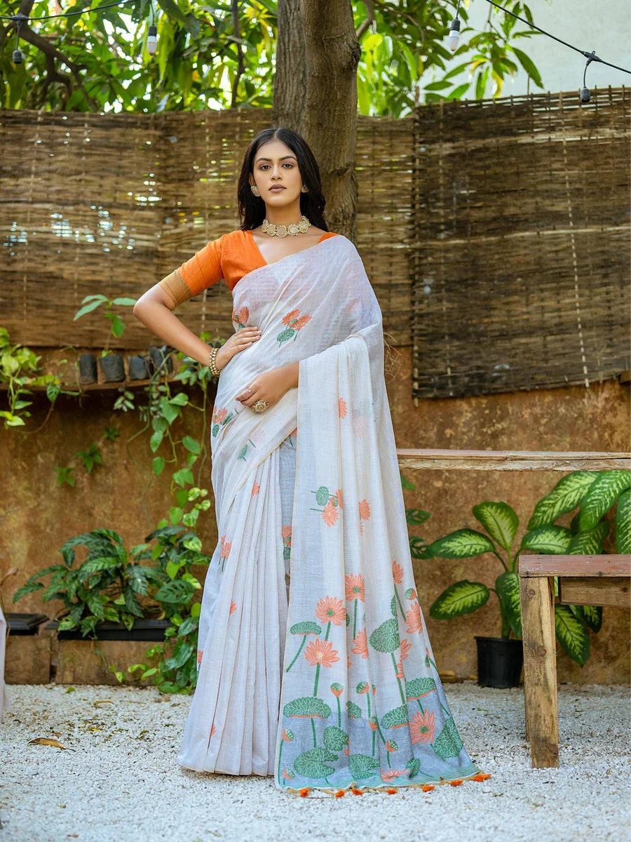 Elegant Cotton Floral Weaving Designer Saree with Matching Cotton Blouse