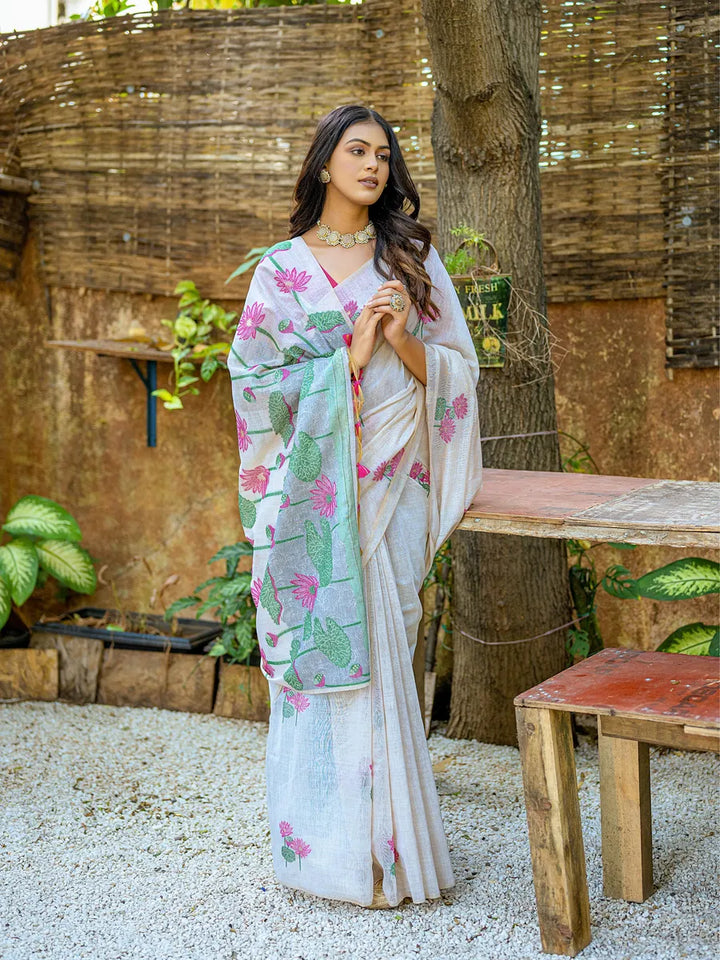 Elegant Cotton Floral Weaving Designer Saree with Matching Cotton Blouse