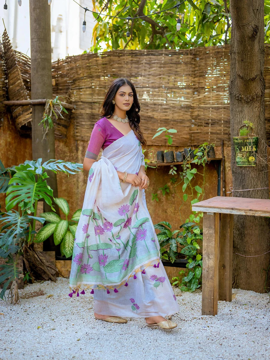 Elegant Cotton Floral Weaving Designer Saree with Matching Cotton Blouse