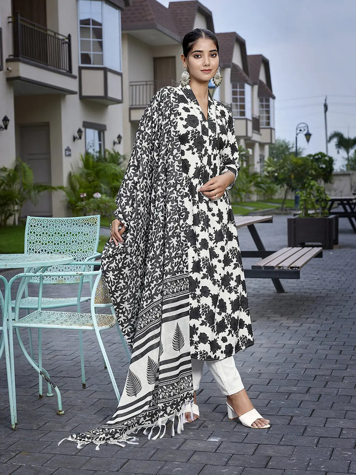 Black & White Viscose Designer Printed Party Wear Suit with Kota Cheks Dupatta
