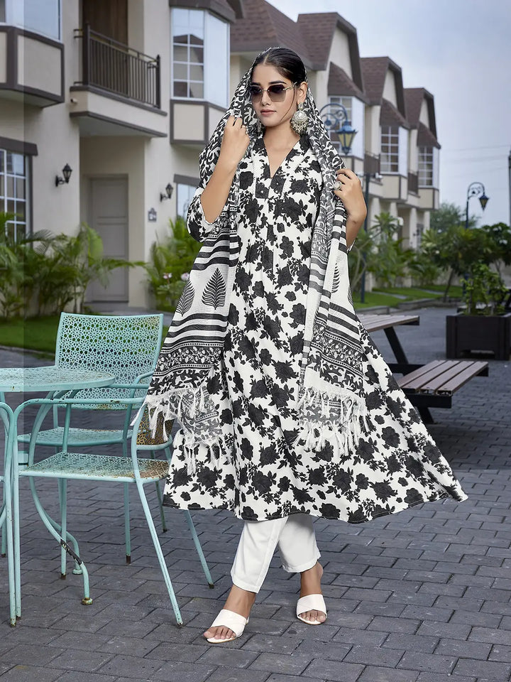 Black & White Viscose Designer Printed Party Wear Suit with Kota Cheks Dupatta