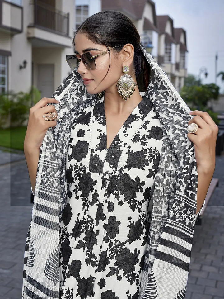 Black & White Viscose Designer Printed Party Wear Suit with Kota Cheks Dupatta