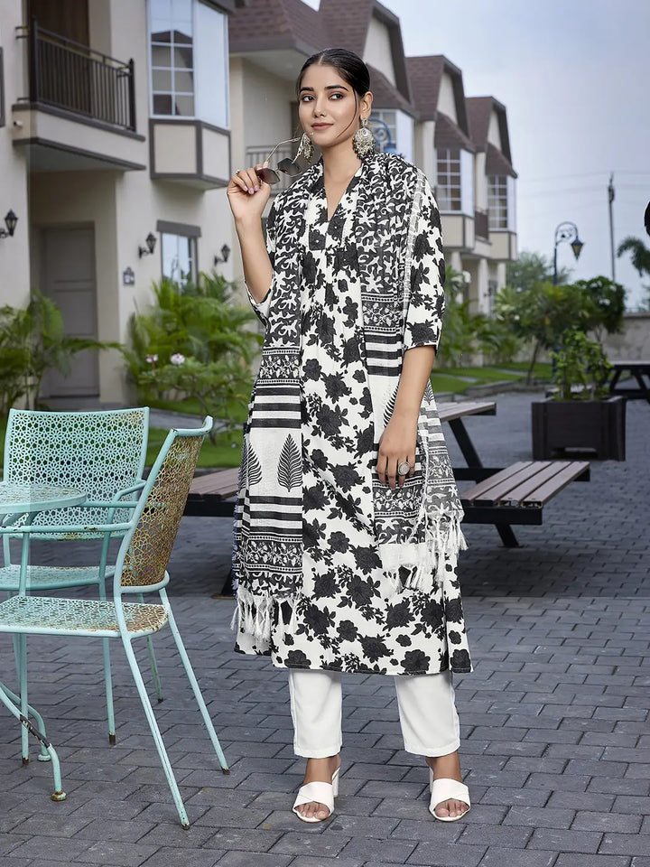 Black & White Viscose Designer Printed Party Wear Suit with Kota Cheks Dupatta