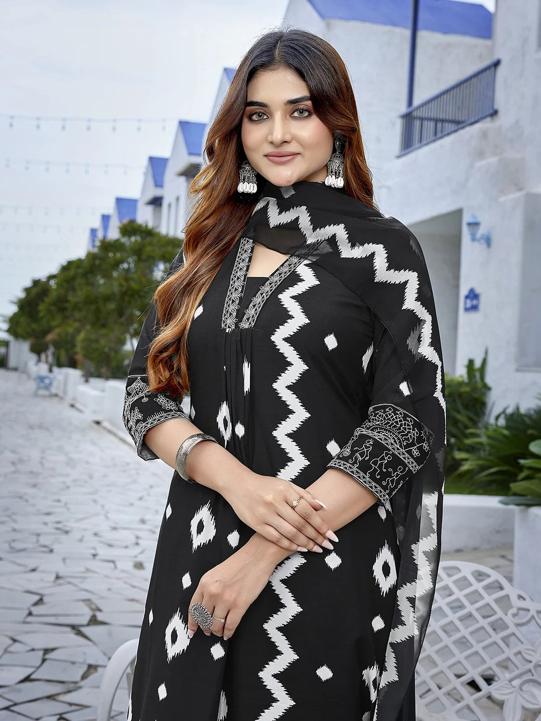 Black Viscose Readymade Suit with Chanderi Dupatta & Embroidery