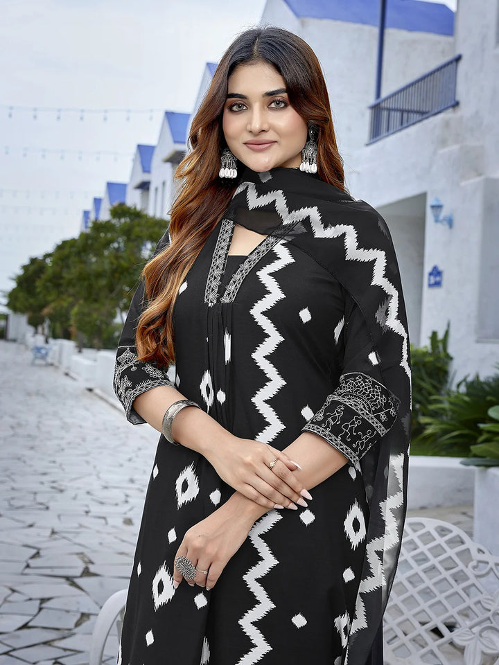 Black Viscose Readymade Suit with Chanderi Dupatta & Embroidery