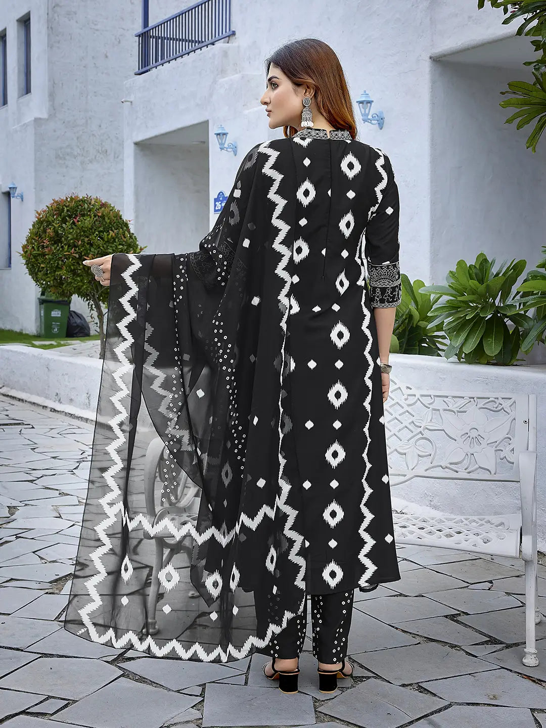 Black Viscose Readymade Suit with Chanderi Dupatta & Embroidery