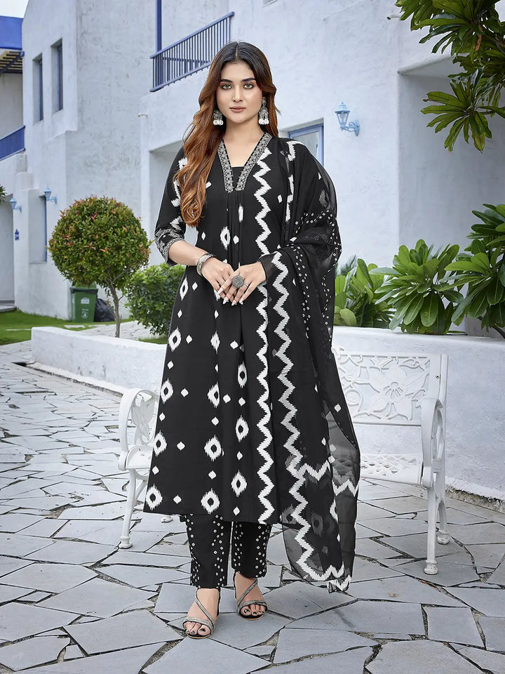 Black Viscose Readymade Suit with Chanderi Dupatta & Embroidery