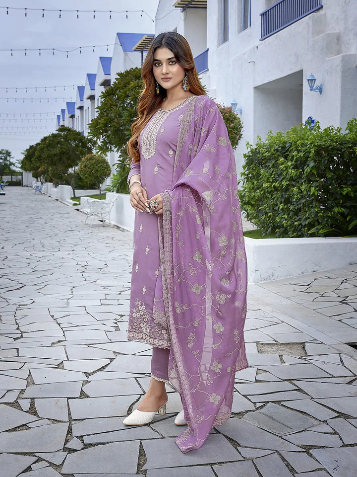 Lavender Readymade Pakistani Salwar Kameez with Pant & Dupatta