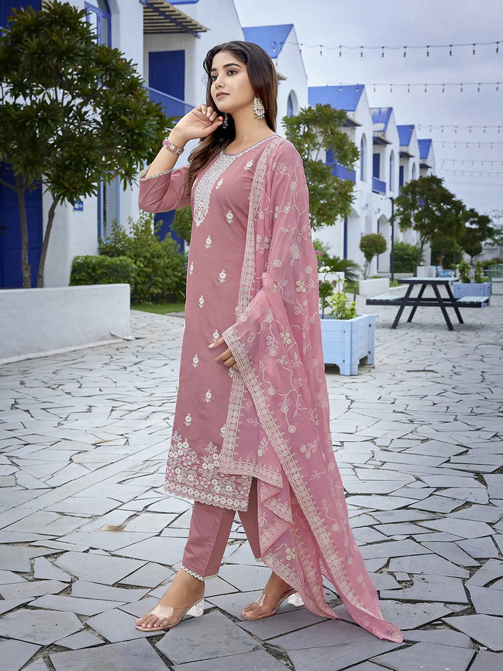 Dusty Pink Designer Readymade Suit with Organza Dupatta