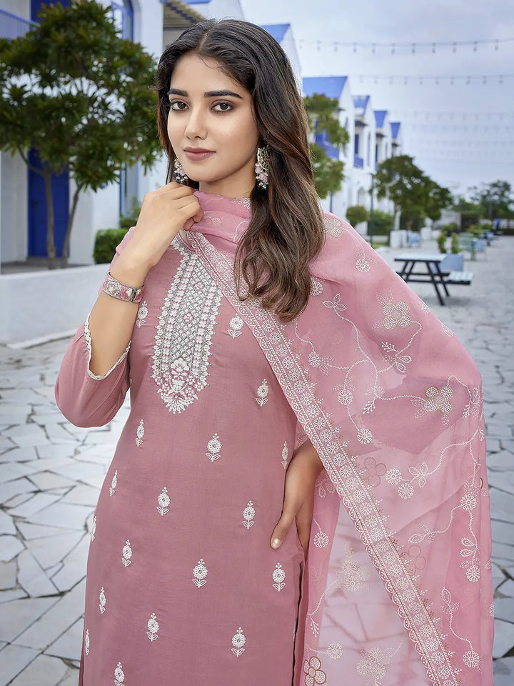 Dusty Pink Designer Readymade Suit with Organza Dupatta