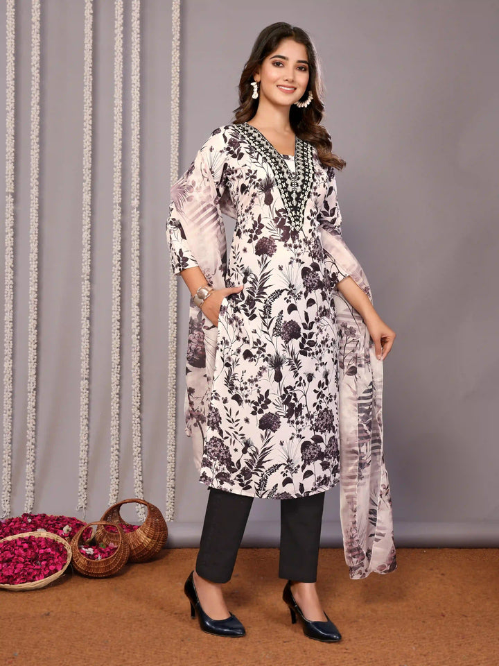 Designer White and Black Salwar Suit with Printed Organza Dupatta