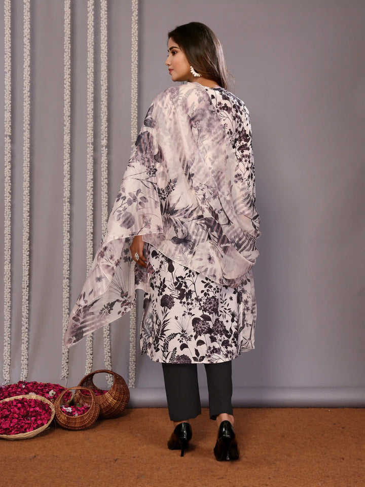Designer White and Black Salwar Suit with Printed Organza Dupatta
