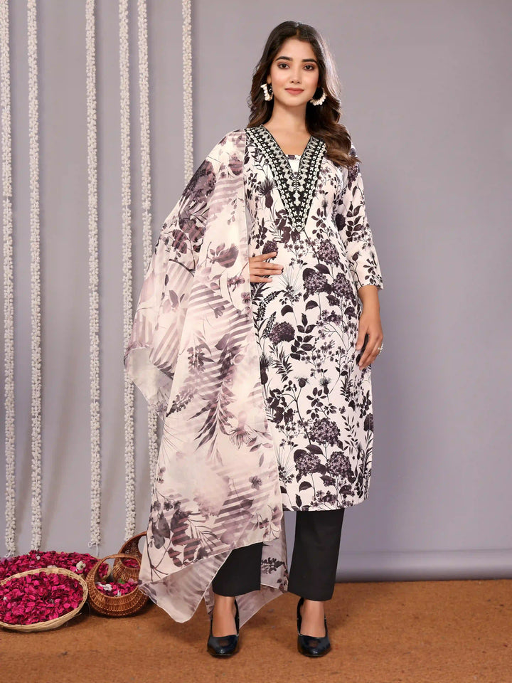 Designer White and Black Salwar Suit with Printed Organza Dupatta