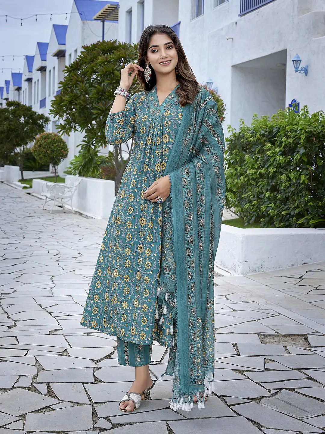 Teal Blue Designer Readymade Suit set with Printed Kota Cheks Dupatta