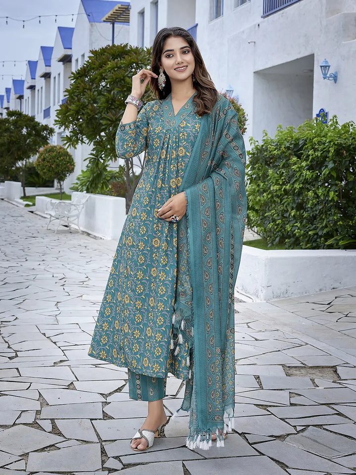 Teal Blue Designer Readymade Suit set with Printed Kota Cheks Dupatta