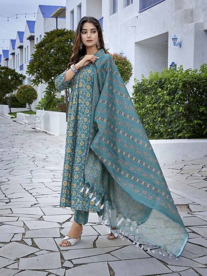 Teal Blue Designer Readymade Suit set with Printed Kota Cheks Dupatta