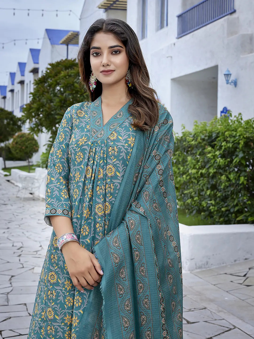 Teal Blue Designer Readymade Suit set with Printed Kota Cheks Dupatta