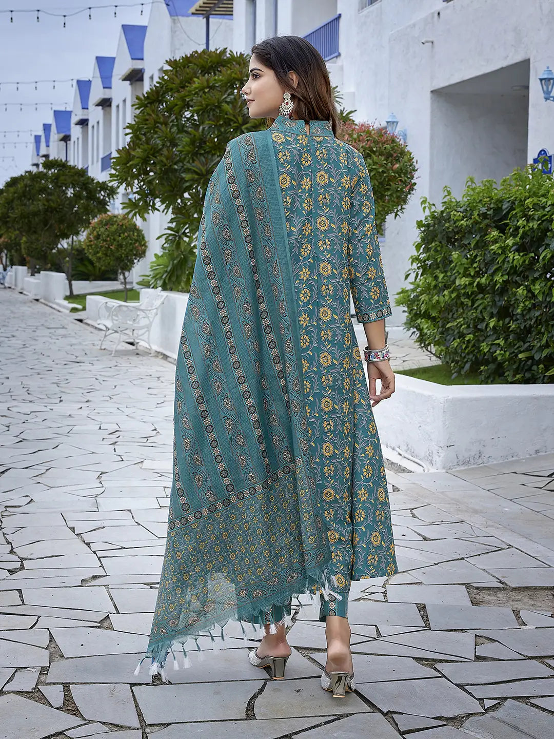 Teal Blue Designer Readymade Suit set with Printed Kota Cheks Dupatta