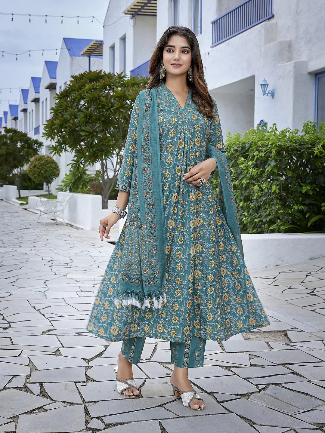 Teal Blue Designer Readymade Suit set with Printed Kota Cheks Dupatta
