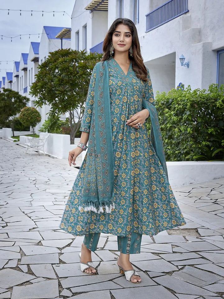 Teal Blue Designer Readymade Suit set with Printed Kota Cheks Dupatta