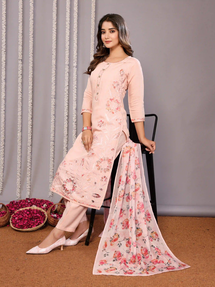 Pink Readymade Suit with Printed Embroidery & Organza Dupatta for Party Wear
