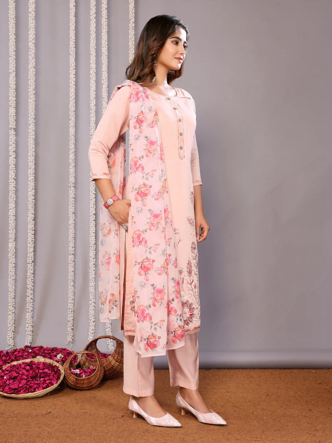 Pink Readymade Suit with Printed Embroidery & Organza Dupatta for Party Wear