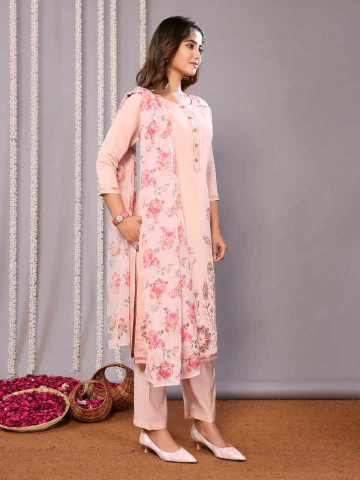 Pink Readymade Suit with Printed Embroidery & Organza Dupatta for Party Wear