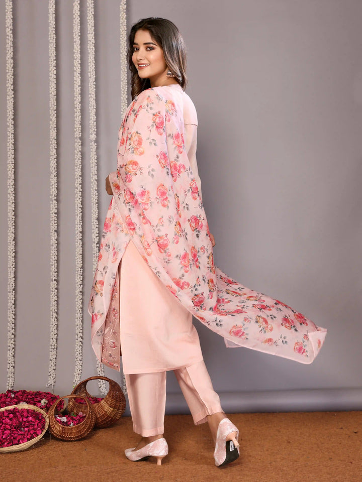 Pink Readymade Suit with Printed Embroidery & Organza Dupatta for Party Wear