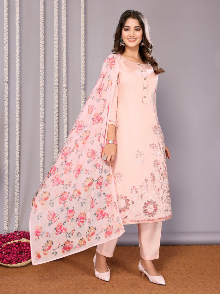 Pink Readymade Suit with Printed Embroidery & Organza Dupatta for Party Wear