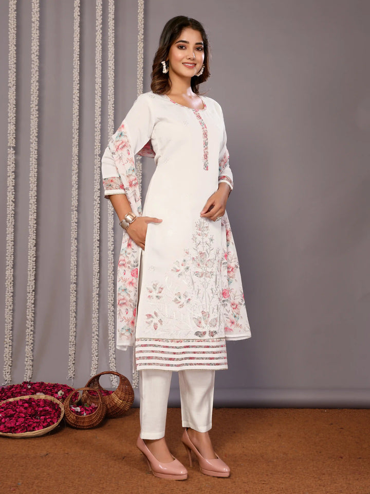 White Chanderi Readymade Suit with Embroidered Organza Dupatta for Parties