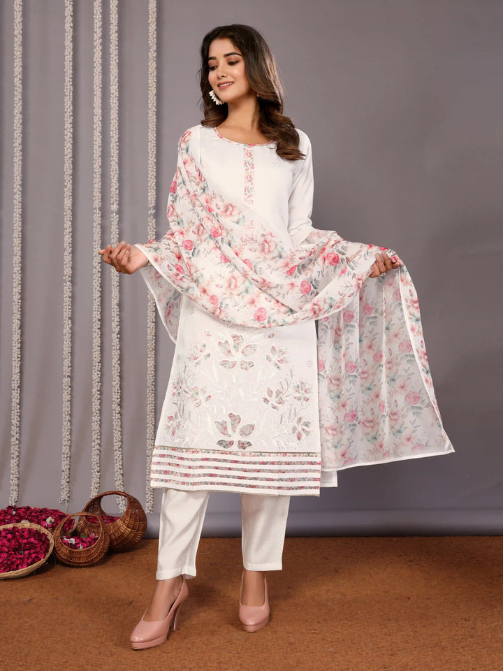 White Chanderi Readymade Suit with Embroidered Organza Dupatta for Parties