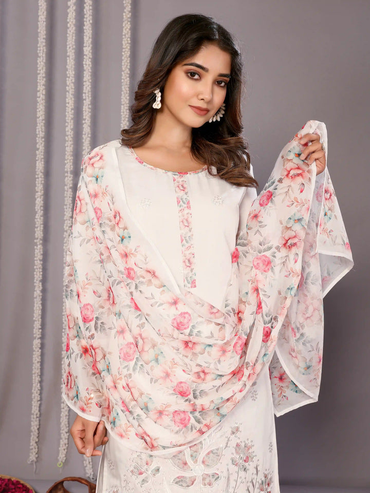 White Chanderi Readymade Suit with Embroidered Organza Dupatta for Parties