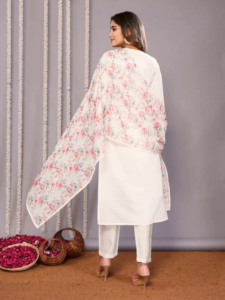 White Chanderi Readymade Suit with Embroidered Organza Dupatta for Parties