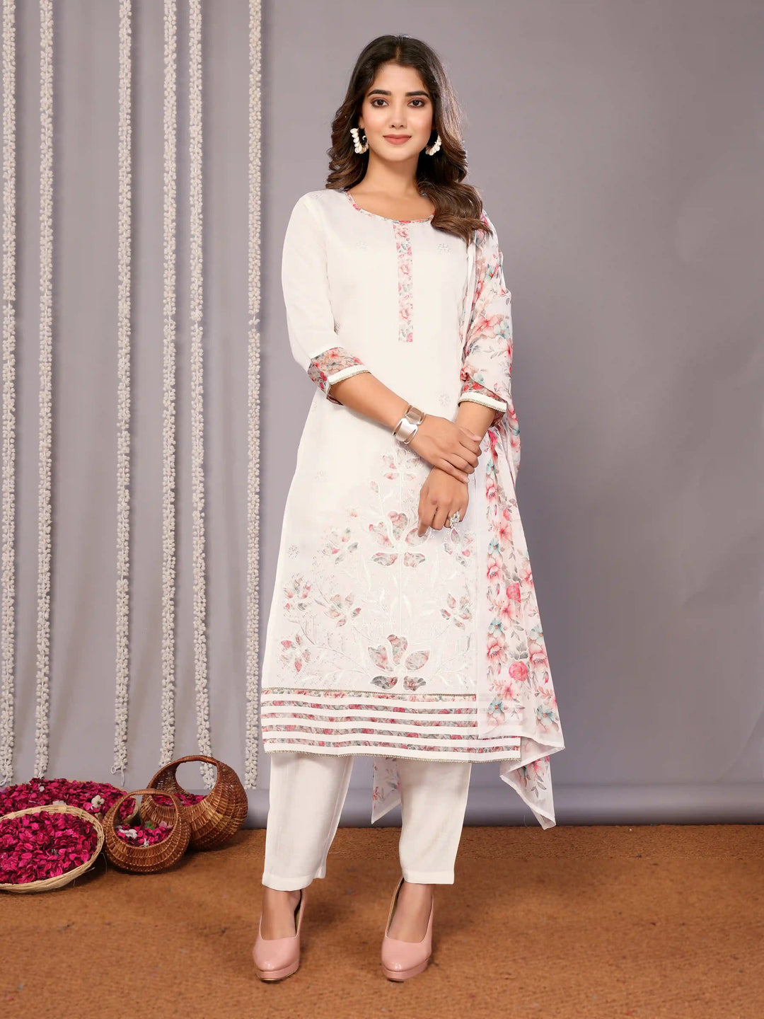 White Chanderi Readymade Suit with Embroidered Organza Dupatta for Parties