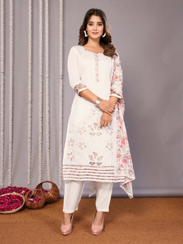 White Chanderi Readymade Suit with Embroidered Organza Dupatta for Parties