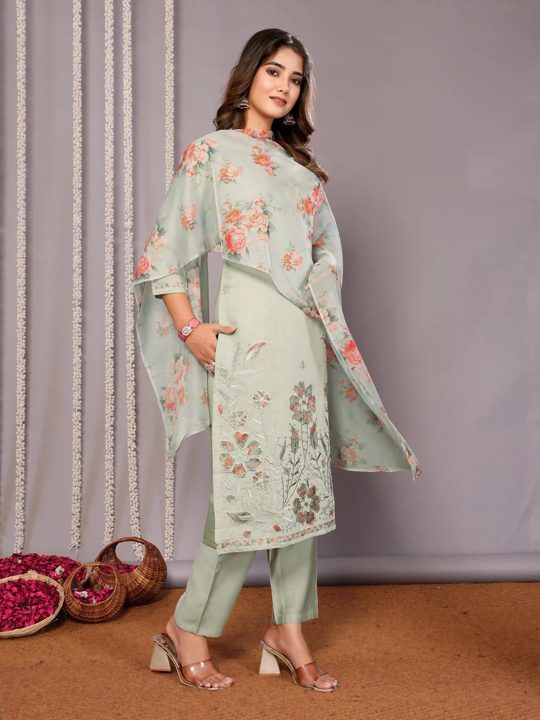 Light Green Chanderi Suit with Organza Dupatta – Party Wear Set
