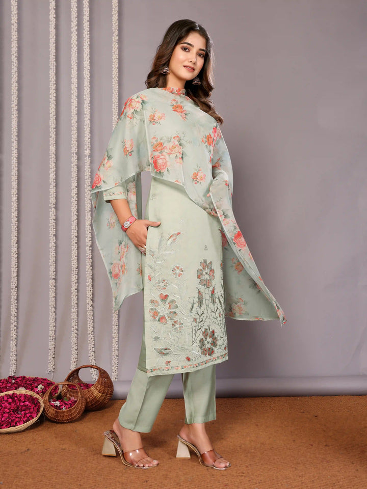 Light Green Chanderi Suit with Organza Dupatta – Party Wear Set