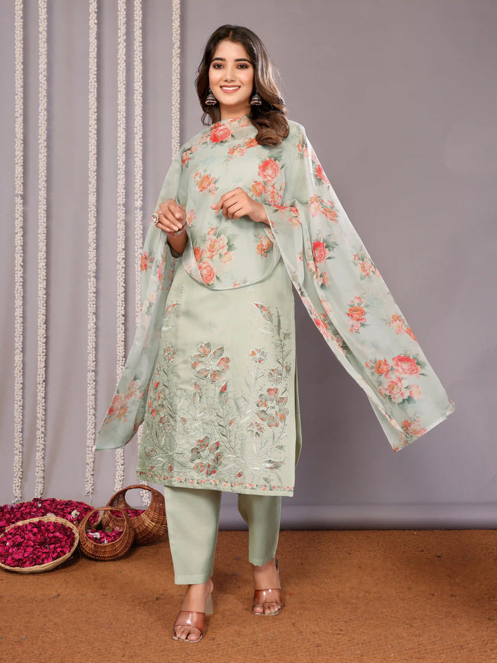 Light Green Chanderi Suit with Organza Dupatta – Party Wear Set
