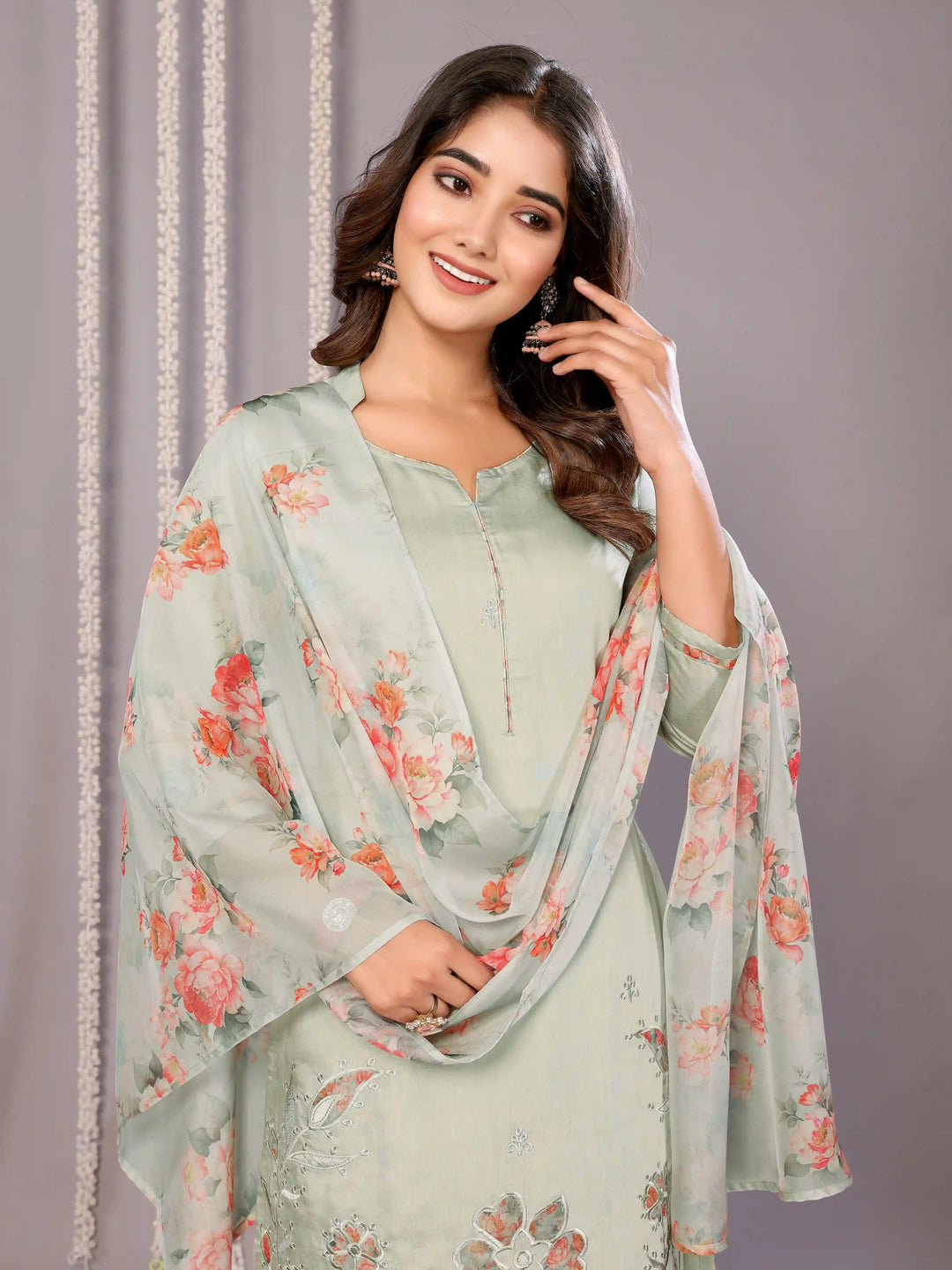 Light Green Chanderi Suit with Organza Dupatta – Party Wear Set