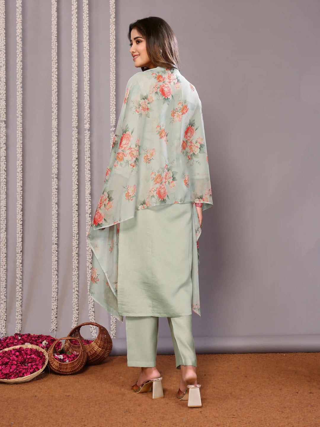 Light Green Chanderi Suit with Organza Dupatta – Party Wear Set