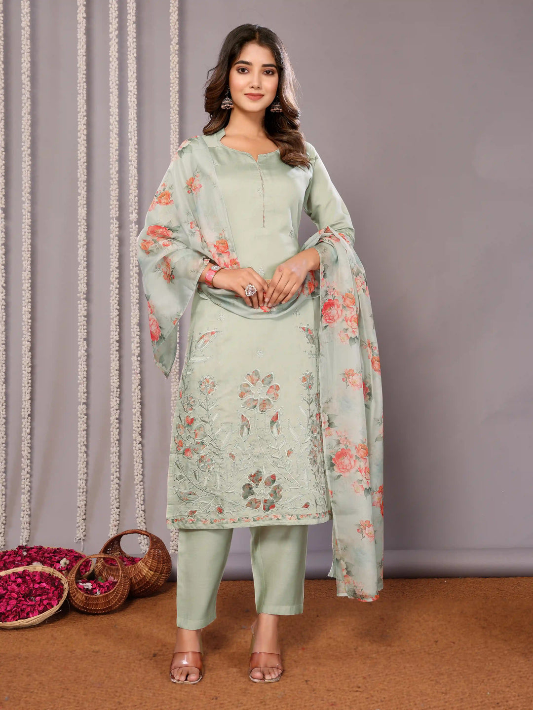 Light Green Chanderi Suit with Organza Dupatta – Party Wear Set