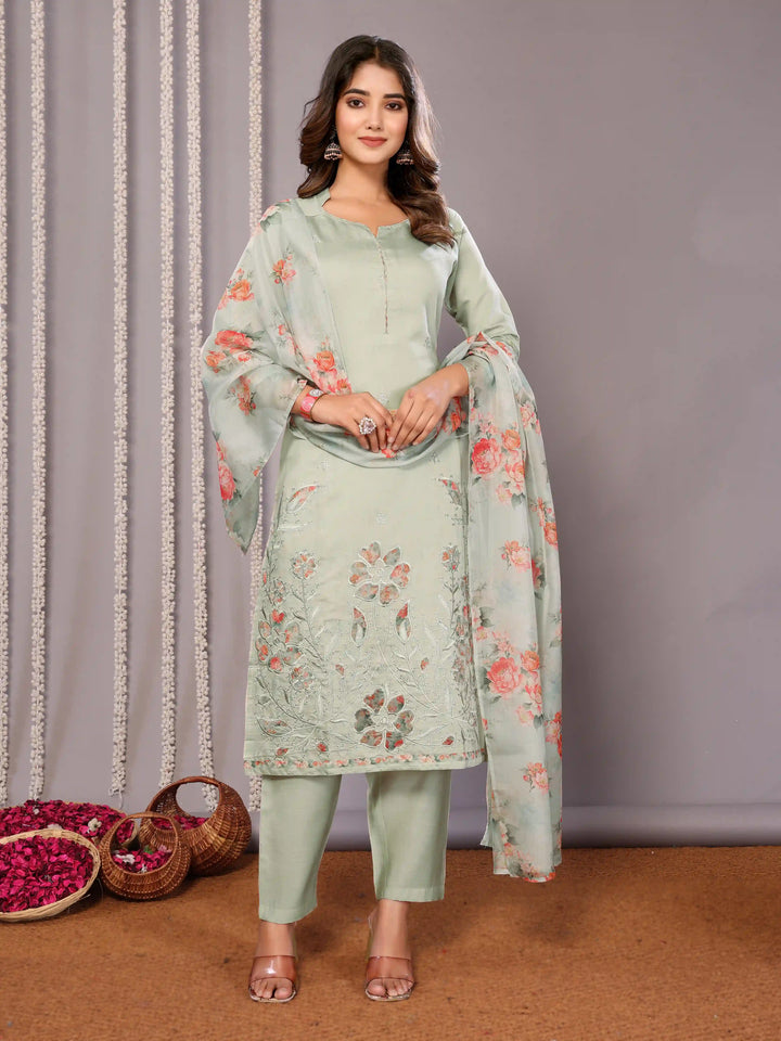 Light Green Chanderi Suit with Organza Dupatta – Party Wear Set