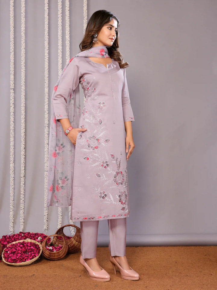 Light Lavender Embroidered Chanderi Pant Suit with Organza Dupatta