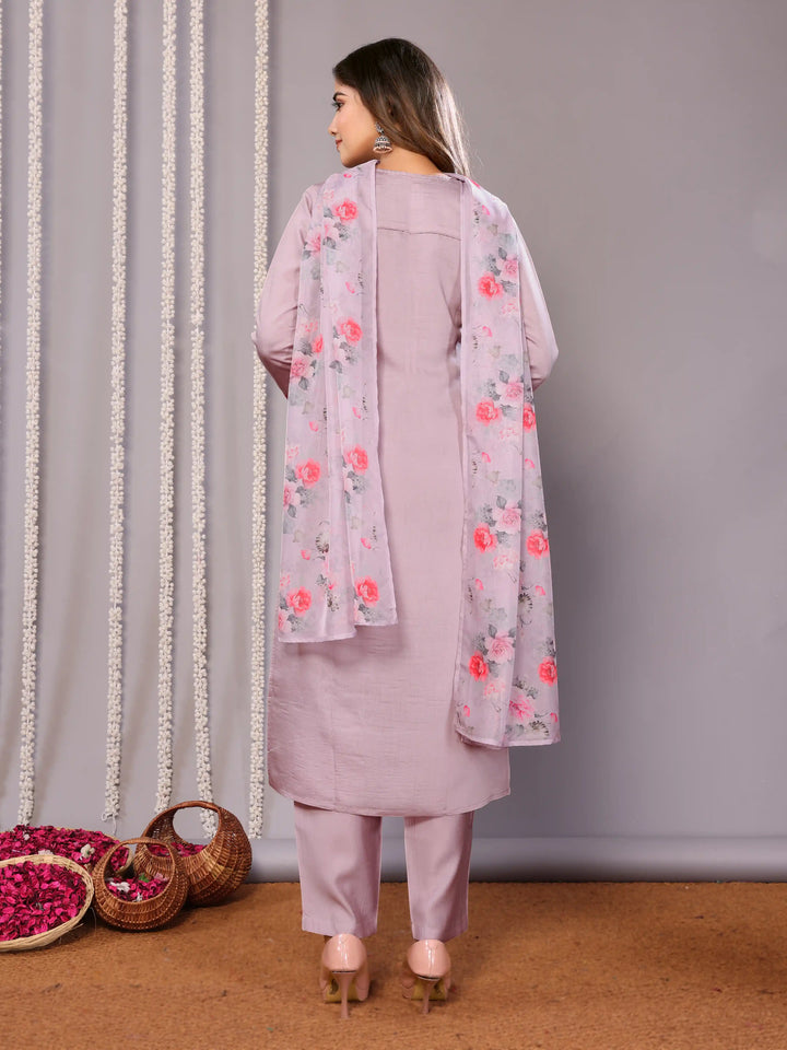 Light Lavender Embroidered Chanderi Pant Suit with Organza Dupatta