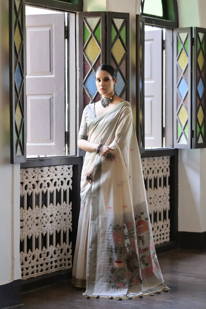 Festive Muga Cotton Saree with Multithread Weaving Work