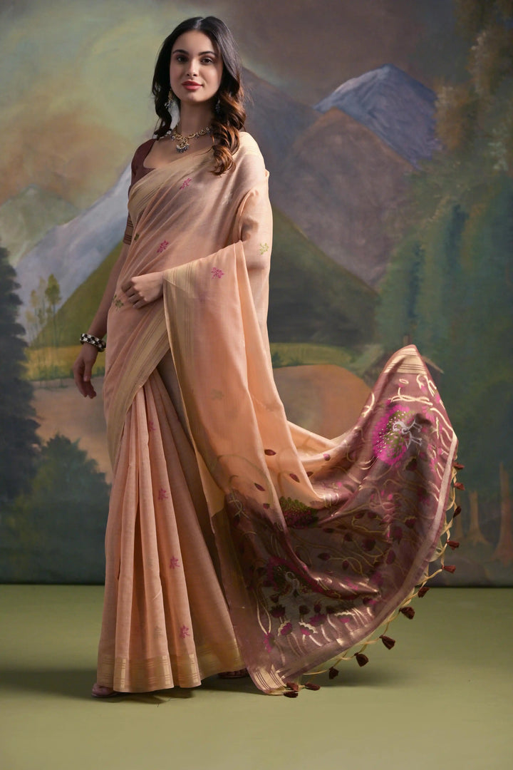 Festive Muga Cotton Saree with Multithread Weaving & Blouse