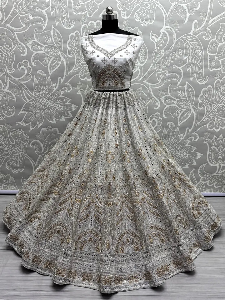 White Net Embroidered Lehenga Set | With Real Mirror & Zircon Work