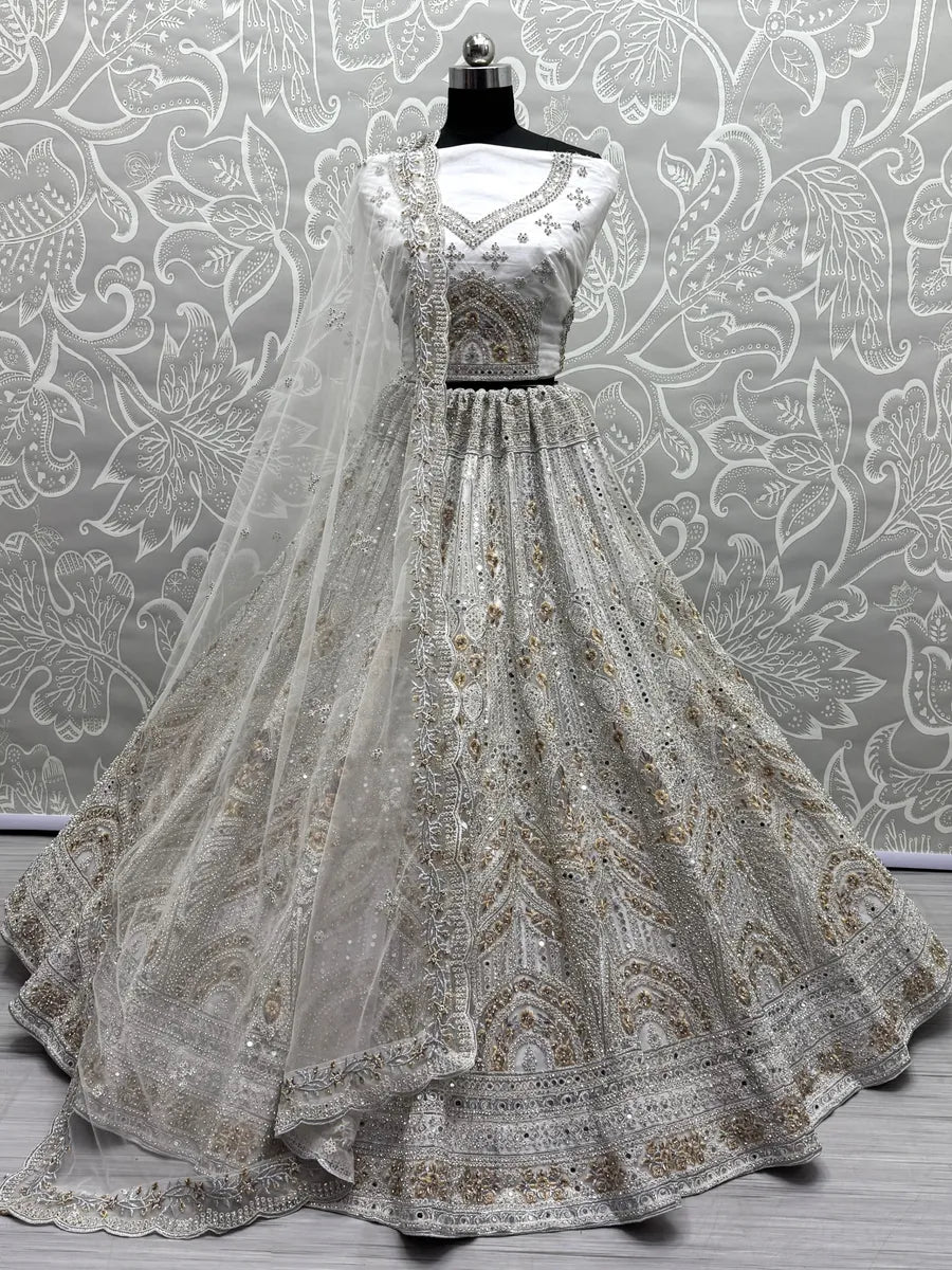 White Net Embroidered Lehenga Set | With Real Mirror & Zircon Work